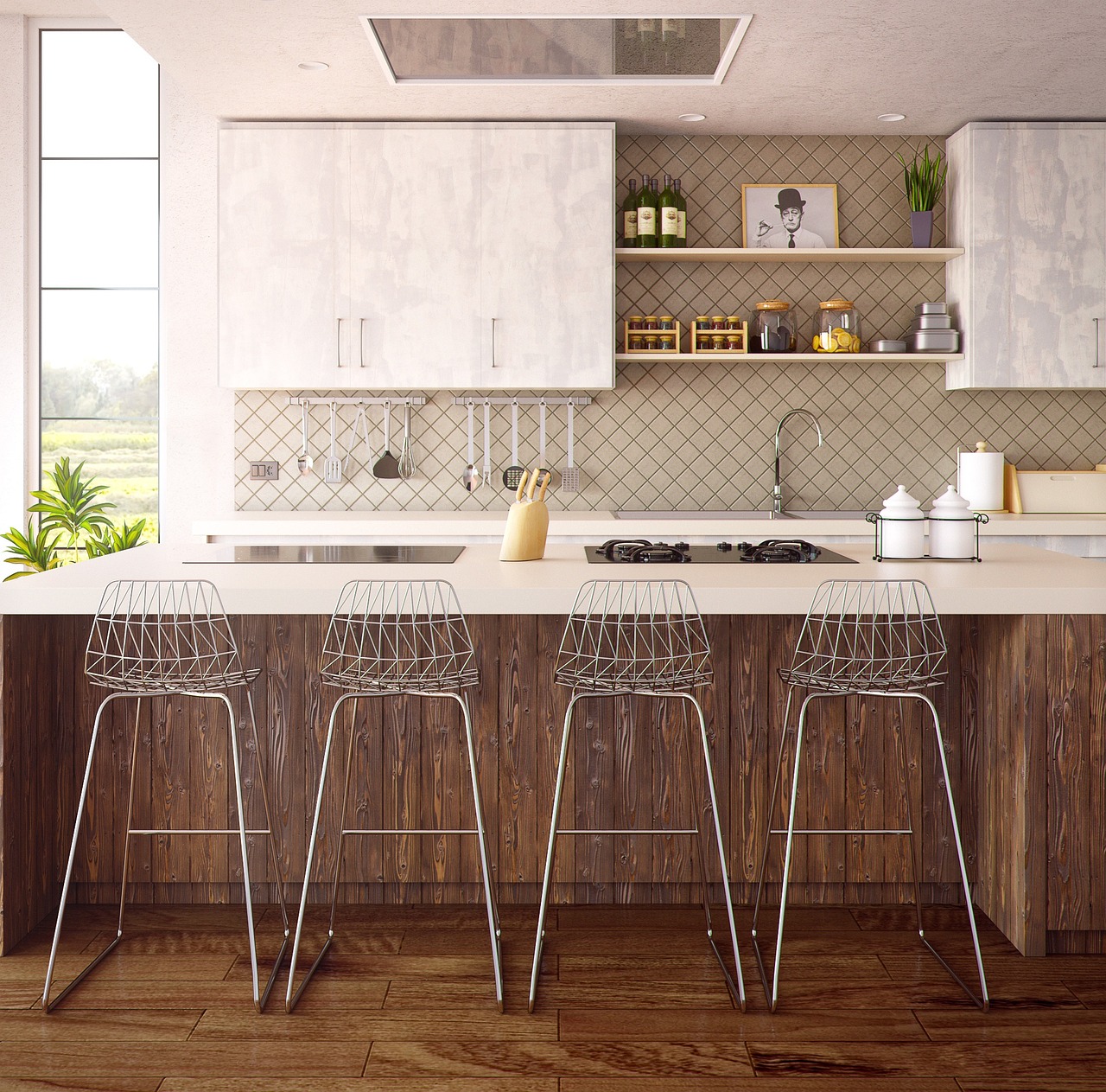 Wire stools along a counter